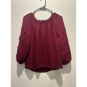 Loft Clip Pleated Balloon 3/4 Sleeve Women's Top Blouse Wine Red Size Medium